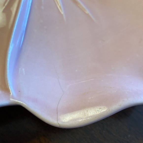 VINTAGE pink floral ceramic serving dish with brass ring handle. Made in USA. - Picture 8 of 11